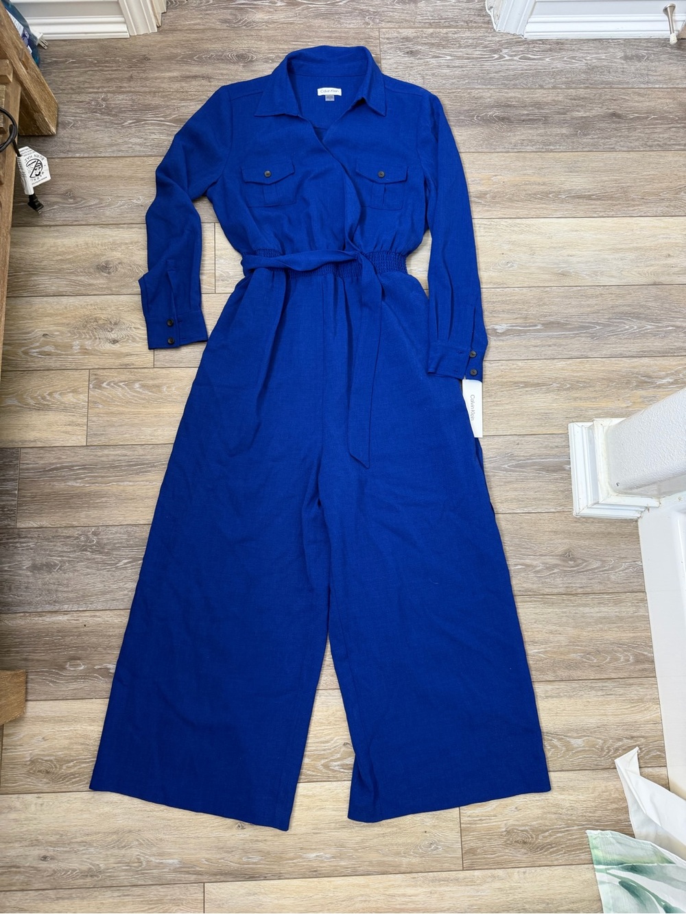 NWT Calvin Klein Royal Blue Long-Sleeve Wide-Leg Jumpsuit with Tie Waist Sz 14